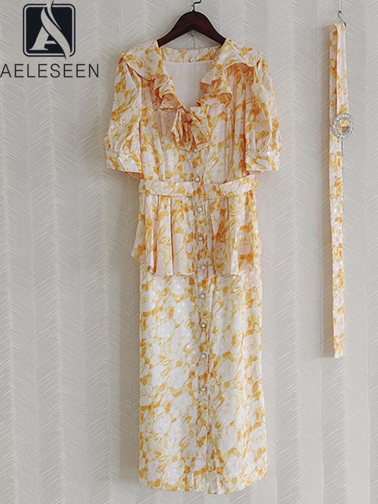 AELESEEN Runway Fashion 2022 Summer Elegant Midi Dress Women Yellow Flower Printed Ruffles Bow Single Breasted Belt Party
AELESEEN Runway Fashion 2022 Summer Elegant Midi Dress Women Yellow Flower Printed Ruffles Bow Single Breasted Belt Party