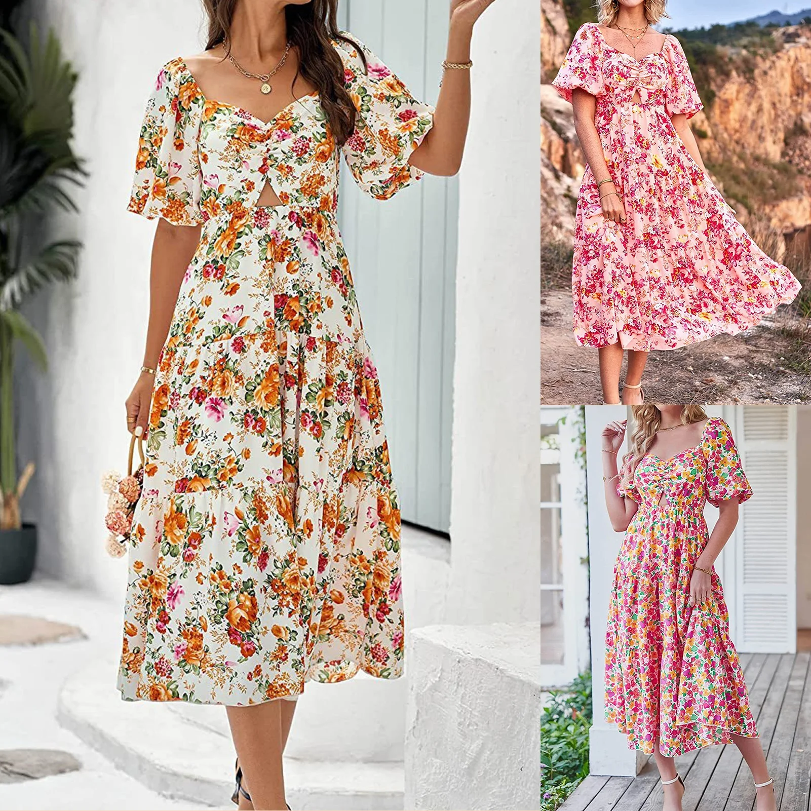 Women Beach Midi Dress Puff Short Sleeve Fashion Ladies Sweet Dress Floral Print Pleated Square Neck Backless Female Vestidos
Women Beach Midi Dress Puff Short Sleeve Fashion Ladies Sweet Dress Floral Print Pleated Square Neck Backless Female Vestidos