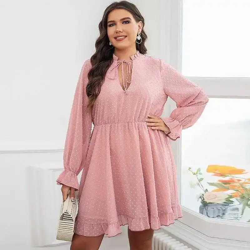 

Plus Size Dresses Womens Clothes Short Sleeve V Neck Fashion Slimming Flounce Tight Waist Pink Dress