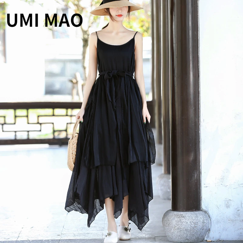 

UMI MAO Chinese Style Irregular Hem Three-layer Elegant Fairy Temperament Stitching Suspender Dress Black And White Dress Femme