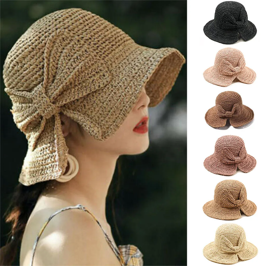 

Brimmed Women Hats Straw Elegant Summer Ladies Foldable Beach Hat Wide Brim Adjustable Sun Visor Hats Solid Beach Cap 2023
