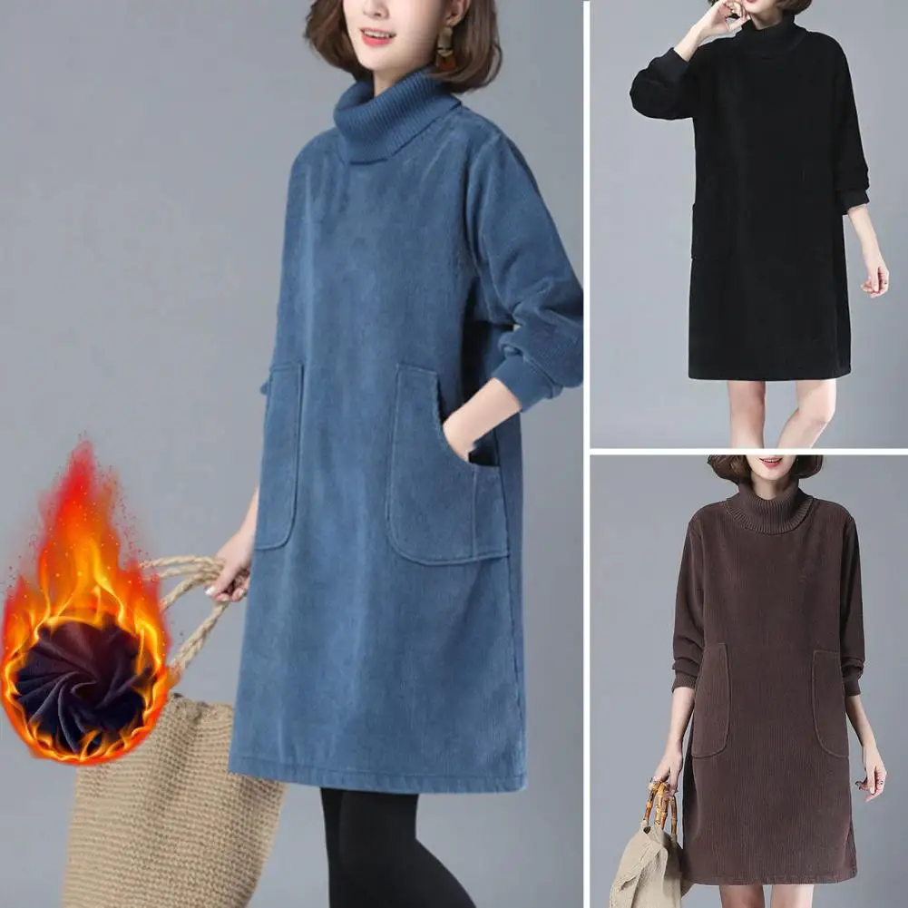 Short Dress Retro Style Turtleneck Long Sleeves Plus Size Corduroy Coldproof Solid Color Autumn Winter Warm Women Dress 
Short Dress Retro Style Turtleneck Long Sleeves Plus Size Corduroy Coldproof Solid Color Autumn Winter Warm Women Dress