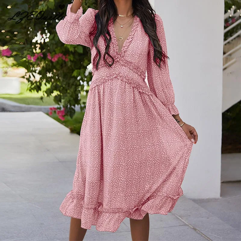 Women Fashion Pink Floral Print Ruffles Dress Casual Vintage Boho V Neck High Wasit Long Sleeve Dress 2021 New Summer Vestidos
Women Fashion Pink Floral Print Ruffles Dress Casual Vintage Boho V Neck High Wasit Long Sleeve Dress 2021 New Summer Vestidos