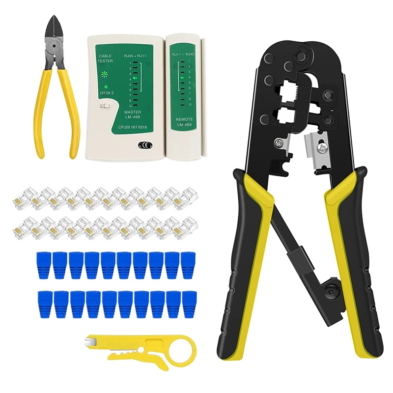 RJ45 Crimp Tool Kit For Cat5 Cat5e Cat6 Modular Plug Connectors, RJ-11, 6P/RJ-12, 8P/RJ-45 Network Crimp Tool
RJ45 Crimp Tool Kit For Cat5 Cat5e Cat6 Modular Plug Connectors, RJ-11, 6P/RJ-12, 8P/RJ-45 Network Crimp Tool