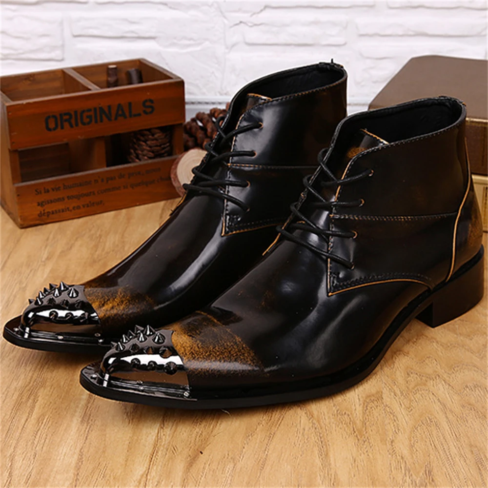 Vintage With Metal Cross-Tied Men Patent Leather Pointed Toe Ankle Boots Plus Size 46 Business British Style Male Dress Shoes
Vintage With Metal Cross-Tied Men Patent Leather Pointed Toe Ankle Boots Plus Size 46 Business British Style Male Dress Shoes