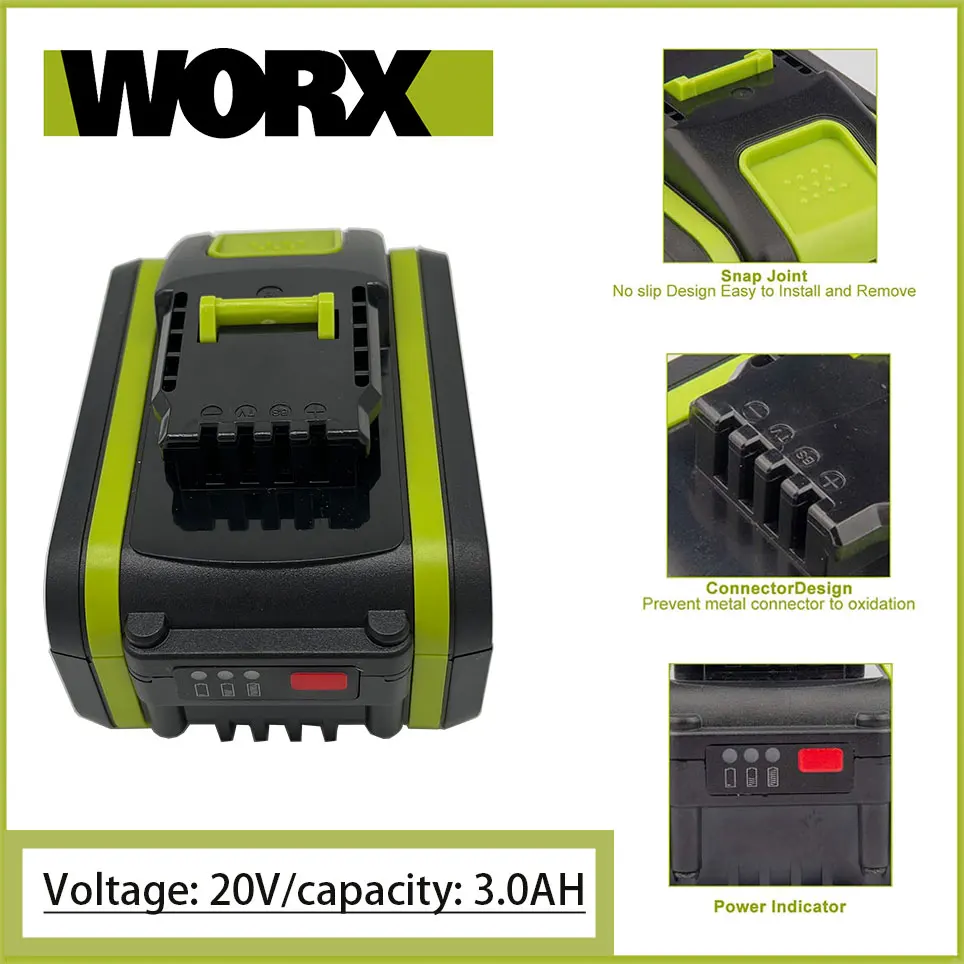 3.0Ah 20V Lithium ion Replacement Rechargeable Battery for Worx WA3551 WA3553 WX390 WX176 WX550 WX386 WX373 WX290 WX800 WU268
3.0Ah 20V Lithium ion Replacement Rechargeable Battery for Worx WA3551 WA3553 WX390 WX176 WX550 WX386 WX373 WX290 WX800 WU268