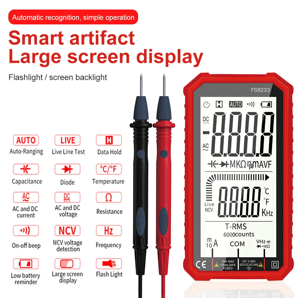 Digital Multimeter T-RMS 6000 Counts LCD Color Display Auto Ranging DC AC Voltage Detection Diode Capacitance Live Wire Tester
Digital Multimeter T-RMS 6000 Counts LCD Color Display Auto Ranging DC AC Voltage Detection Diode Capacitance Live Wire Tester