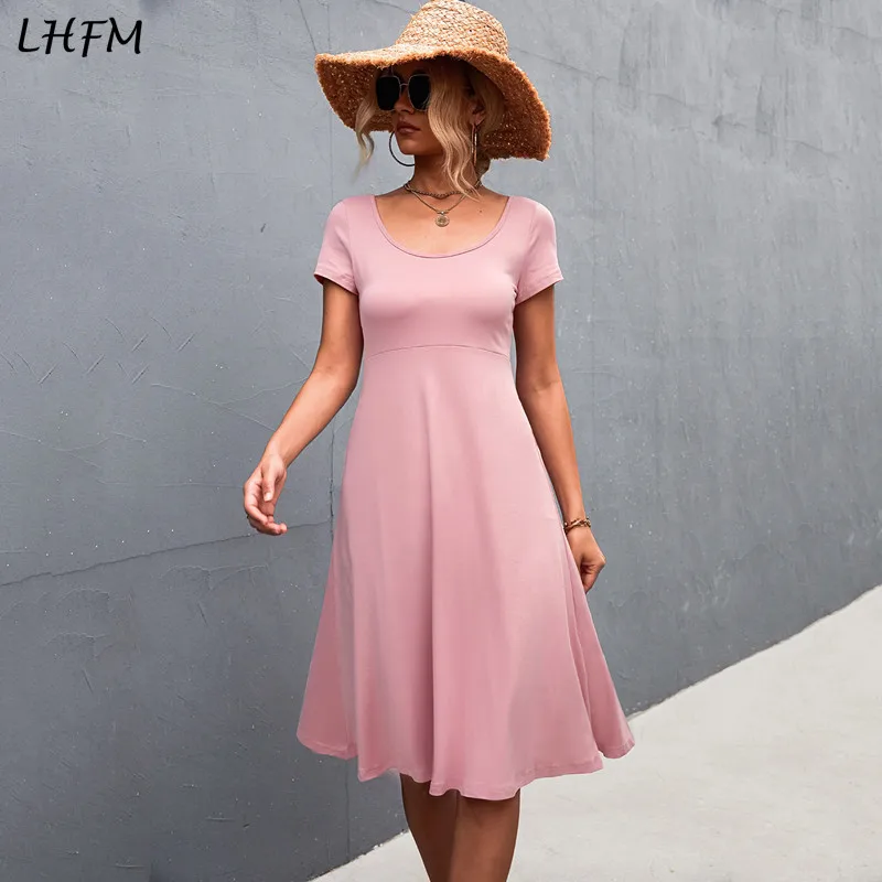 LHFM 2022 Summer Short Sleeve Casual Slim Cotton Dresses Women New Basic Solid Pink Black Midi Dress A-Line Female Vestidos 2022
LHFM 2022 Summer Short Sleeve Casual Slim Cotton Dresses Women New Basic Solid Pink Black Midi Dress A-Line Female Vestidos 2022
