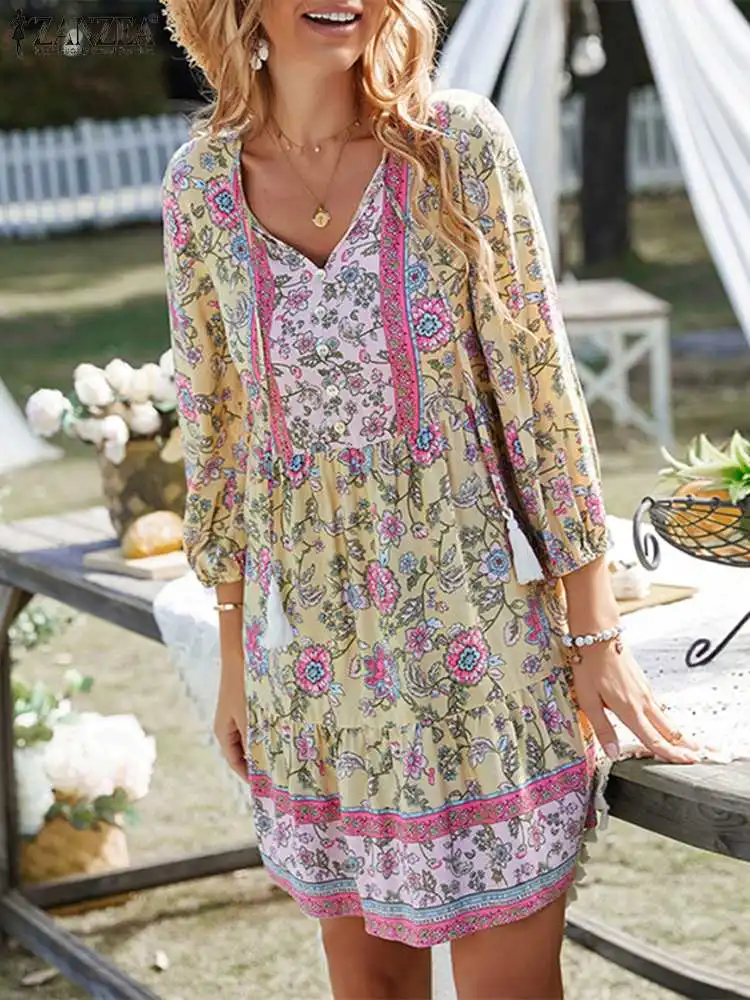 

ZANZEA Elegant Floral Print Sundress Holiday Casual Mini Dress Bohemian Summer Robes Women Ruffled Hem Vintage Tassel Vestidos