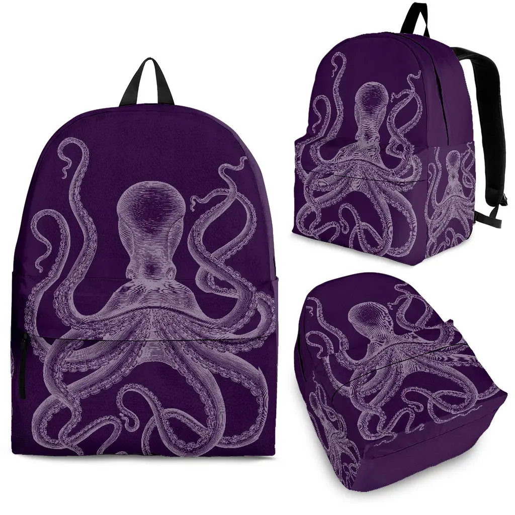 

YIKELUO Fashion 3D Cartoon Octopus Purple Backpack College Student Laptop Game Knapsack With Zipper Animal Textbook Bag Gift