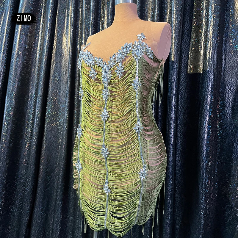 fashion Sleeveless sexy Transparent Mesh Dress Fringe Green Tassel Rhinestones Birthday party Celebrate Dress club dance costume
fashion Sleeveless sexy Transparent Mesh Dress Fringe Green Tassel Rhinestones Birthday party Celebrate Dress club dance costume