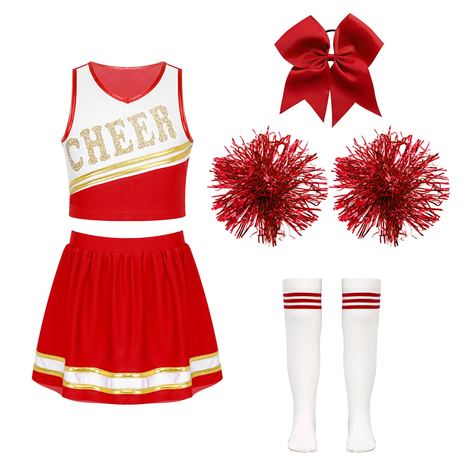 Kids Girls Cheerleading Set Sleeveless Letter Print Crop Top And Skirt with 1Pc Bowknot Headwear 2Pcs Hand Flowers Striped Socks
Kids Girls Cheerleading Set Sleeveless Letter Print Crop Top And Skirt with 1Pc Bowknot Headwear 2Pcs Hand Flowers Striped Socks