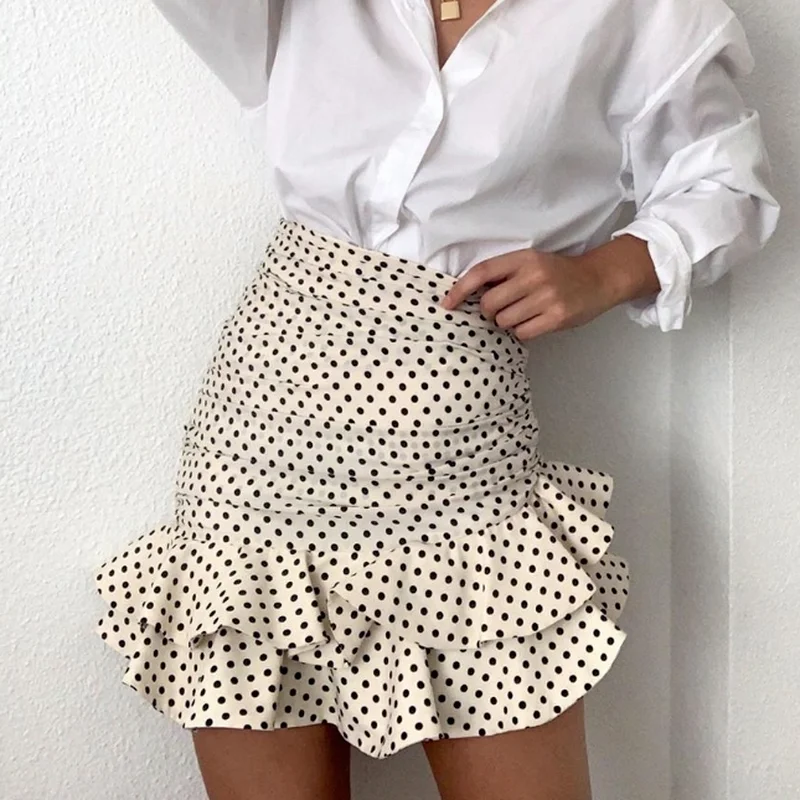 

Women fashion polka dot print pleated asymmetrical skirt faldas mujer ladies back zipper vestidos chic ruffles skirts korean