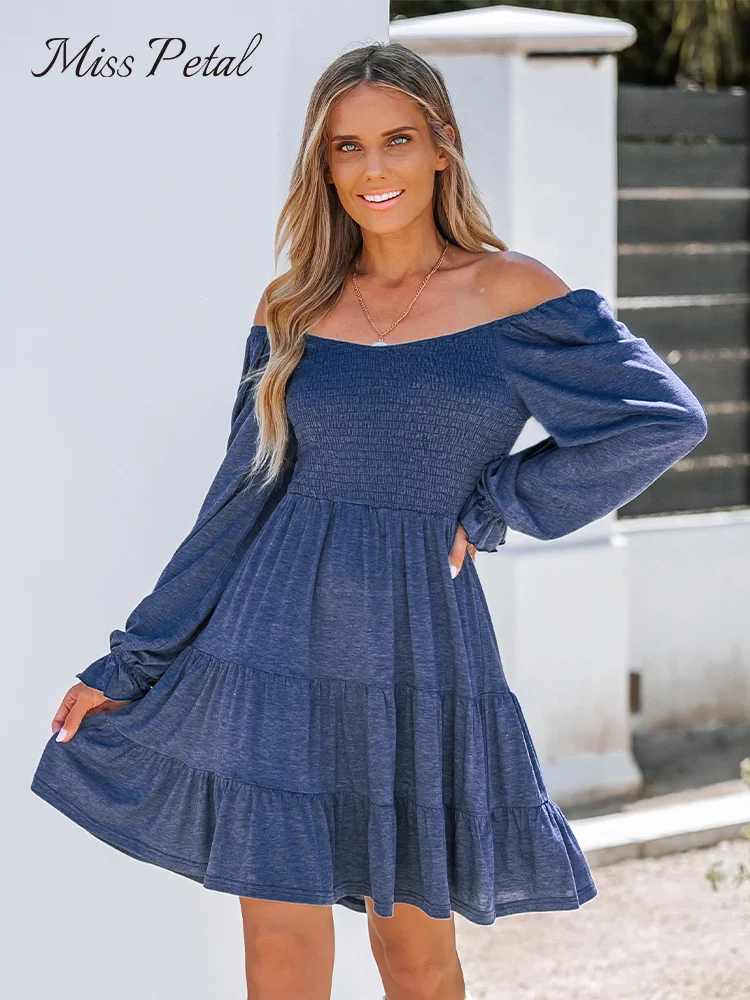 

Off Shoulder Smocked Mini Dress For Women Sexy Long Trumpet Sleeve Tiered Hem A-line Dress 2024 Spring Autumn Female Sundress