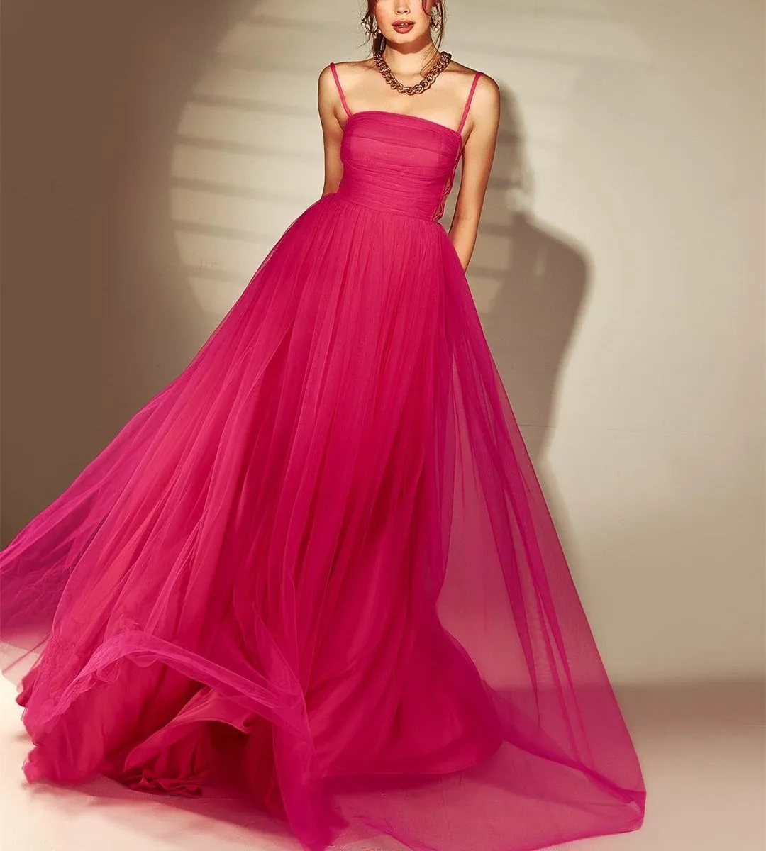 

Elegant Long Fuchsia Tulle Evening Dresses فساتين سهرة A-Line Spaghetti Straps Pleats Floor Length Prom Dresses for Women