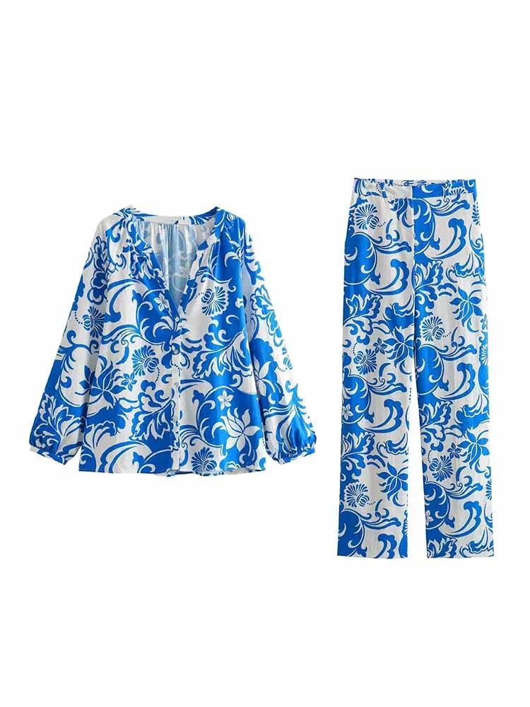 Women New Fashion Linen printed Casual V Neck Blouses Vintage Long Sleeve Button-up Female Shirts Chic Tops + Pants Women's suit
Women New Fashion Linen printed Casual V Neck Blouses Vintage Long Sleeve Button-up Female Shirts Chic Tops + Pants Women's suit