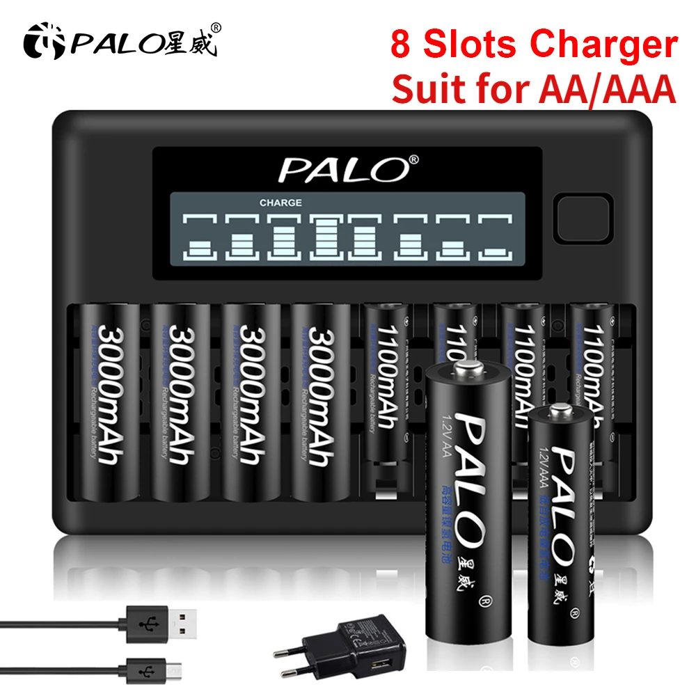 PALO 8 Slots Charger Fast Smart LCD Display Battery Charger For 1.2V AA AAA NI-MH NI-CD Rechargerable Battery 2A 3A Charger USB
PALO 8 Slots Charger Fast Smart LCD Display Battery Charger For 1.2V AA AAA NI-MH NI-CD Rechargerable Battery 2A 3A Charger USB