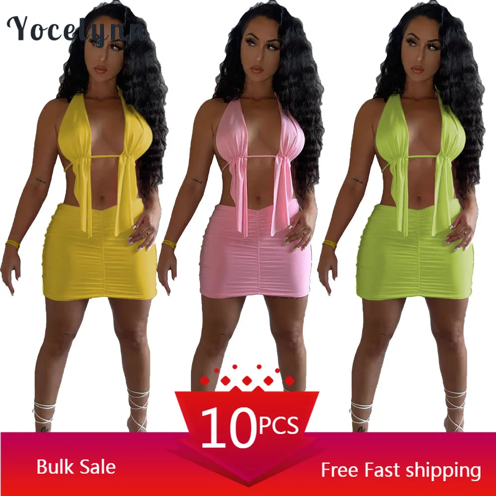 

Bulk Items Wholesale Lots Sexy 2 Piece Skirts Set Woman Bandage Crop Tops and Ruched Bodycon Dress Summer Club Party Outfits