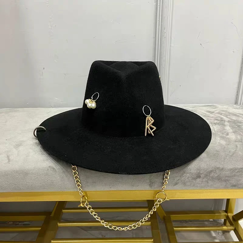 

Autumn and Winter Fedora Chain Top Hat RB Hat Women's Chain Felt Hat Jazz Top European and American Style Jazz Hat sombrero muj