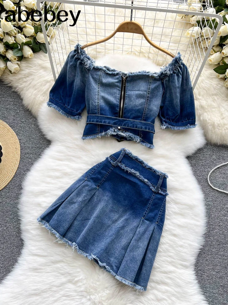 Denim Short Sleeve Crop Top Ruffle Skirt Suit Women Sexy Low Cut Slim Mini Skirts 2 Piece 2022 Summer Ladies Flowers Elegant Set 
Denim Short Sleeve Crop Top Ruffle Skirt Suit Women Sexy Low Cut Slim Mini Skirts 2 Piece 2022 Summer Ladies Flowers Elegant Set