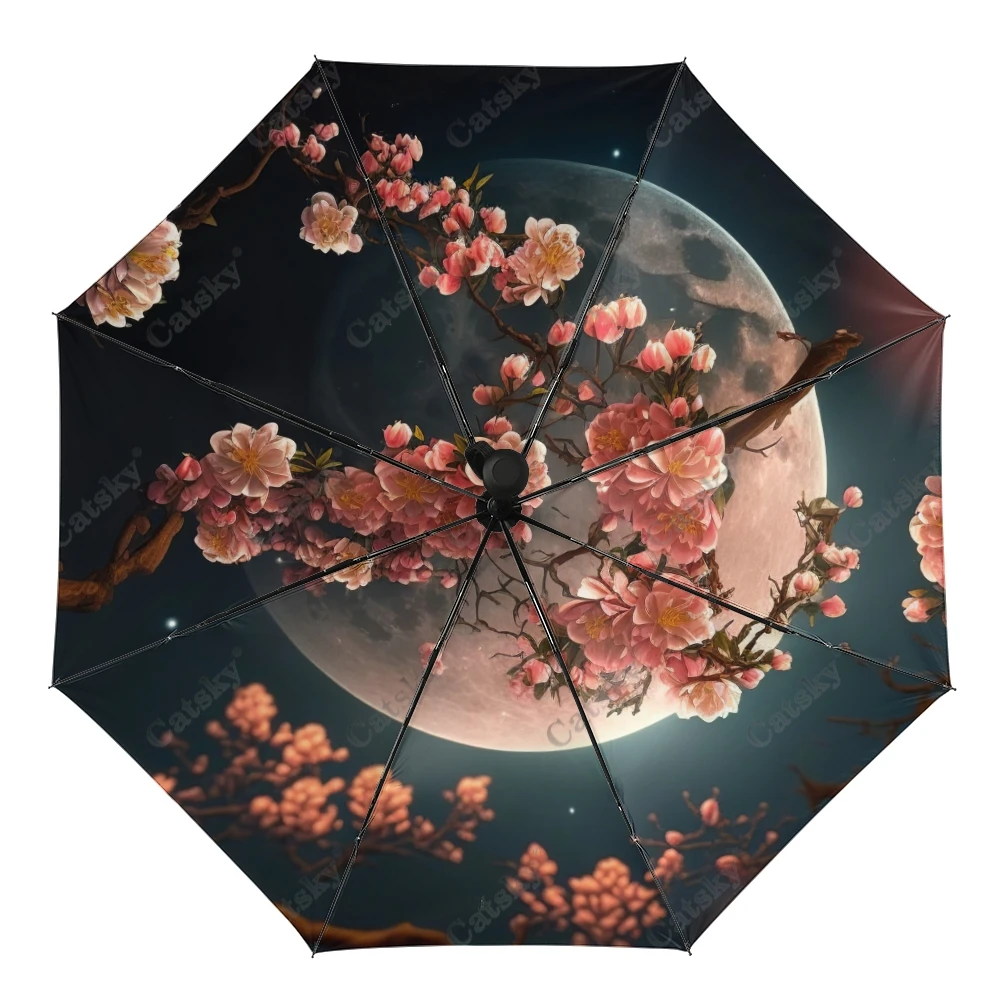 

Cherry Blossom With Moon Umbrella Rain Women 3-Folding Fully Automatic Umbrellas Sun-Protection Outdoor Travel Tool Parapluie