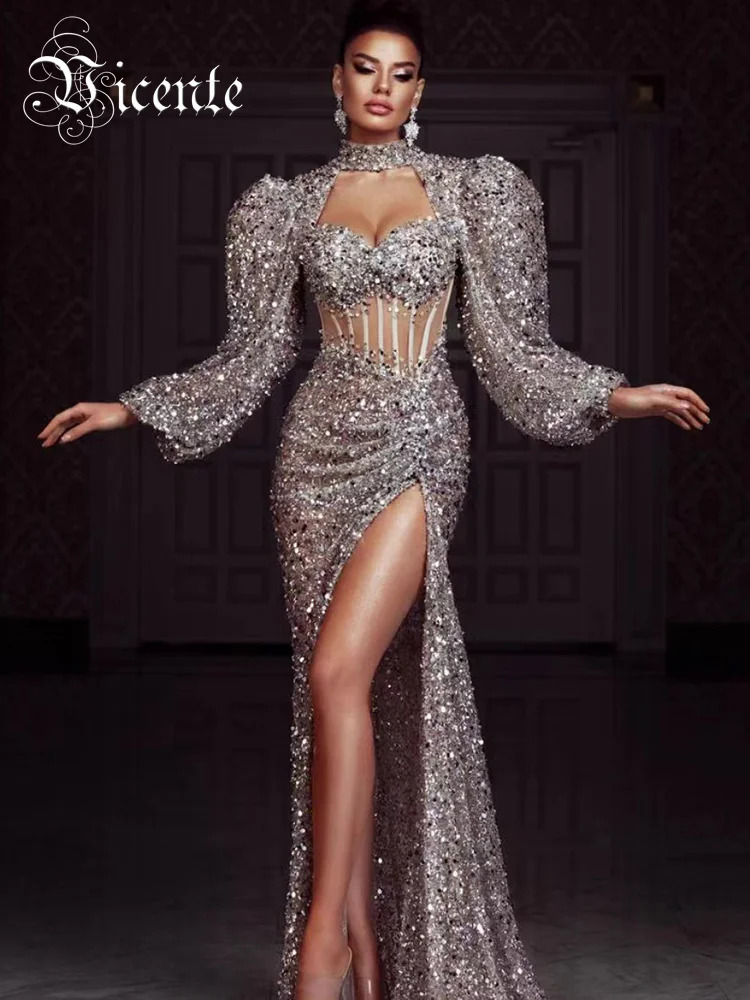 

VC Luxury Sexy Skinny Silver Glitter Sequin Mermaid Balloon Sleeve High Slit Long Evening Dress Celebrity Club Wear