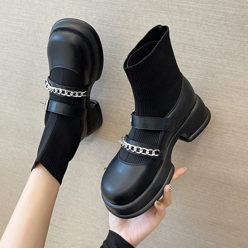 Women 2022 New Spring and Autumn British Style Fashion Stitching Glossy Matte Knitted Sleeve Belt Buckle Thin Thick Bottom Boots 
Women 2022 New Spring and Autumn British Style Fashion Stitching Glossy Matte Knitted Sleeve Belt Buckle Thin Thick Bottom Boots