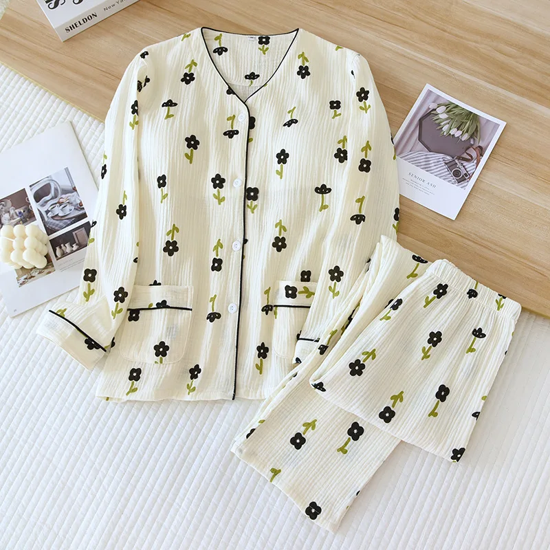 Pajamas for Women with Chest Pads Detachable Spring and Autumn V-neck Pure Cotton Sweet Suit Long-sleeved Home Two Pieces Set
Pajamas for Women with Chest Pads Detachable Spring and Autumn V-neck Pure Cotton Sweet Suit Long-sleeved Home Two Pieces Set