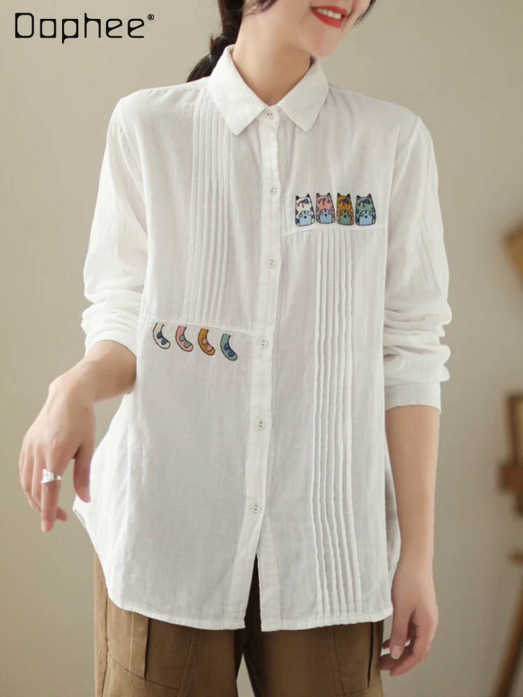 Fashion Cartoon Embroidered White Shirt Women's 2023 Spring Autumn Loose Casual Pleated Stitching Long Sleeve Cotton Yarn Shirt
Fashion Cartoon Embroidered White Shirt Women's 2023 Spring Autumn Loose Casual Pleated Stitching Long Sleeve Cotton Yarn Shirt