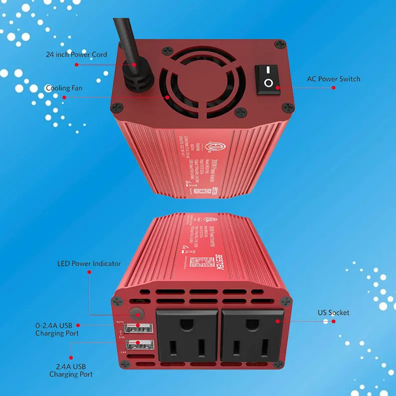 300W Power Inverter DC 12V to 110V AC Car Inverter with 4.2A Dual USB Car Adapter
300W Power Inverter DC 12V to 110V AC Car Inverter with 4.2A Dual USB Car Adapter