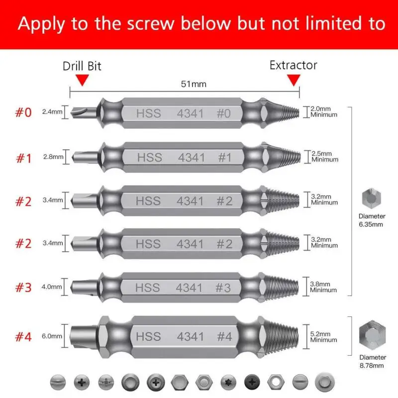 6PCS HSS Damaged Screw Extractor 2-12mm Speed Out Drill Bits Set Double-headed Broken Bolt Remover For Removing Broken Screws
6PCS HSS Damaged Screw Extractor 2-12mm Speed Out Drill Bits Set Double-headed Broken Bolt Remover For Removing Broken Screws