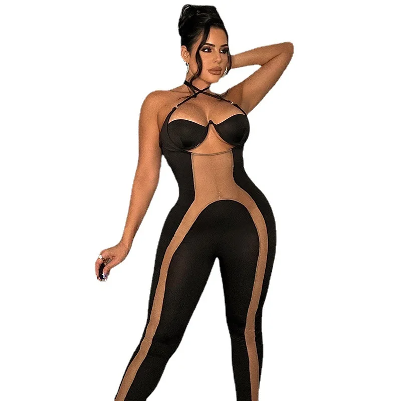 

Sexy women's summer women's nightclub fashion sexy mesh stitching perspective tight hip lift jumpsuit free shipping