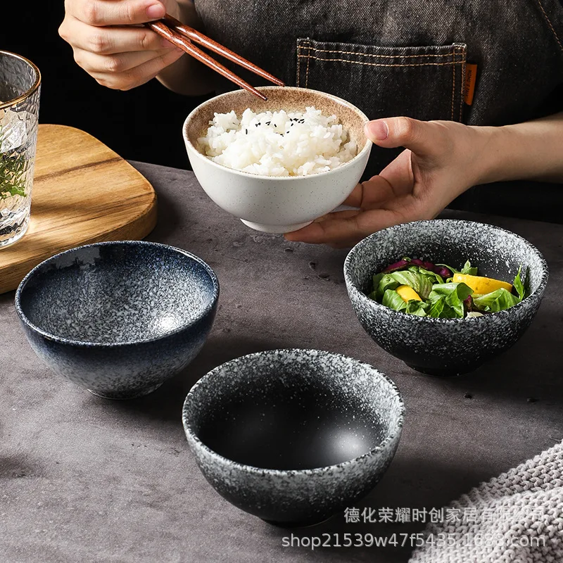 

New Japanese ceramic tableware bowl household color glaze high foot anti scalding rice bowl creative style small soup bowl