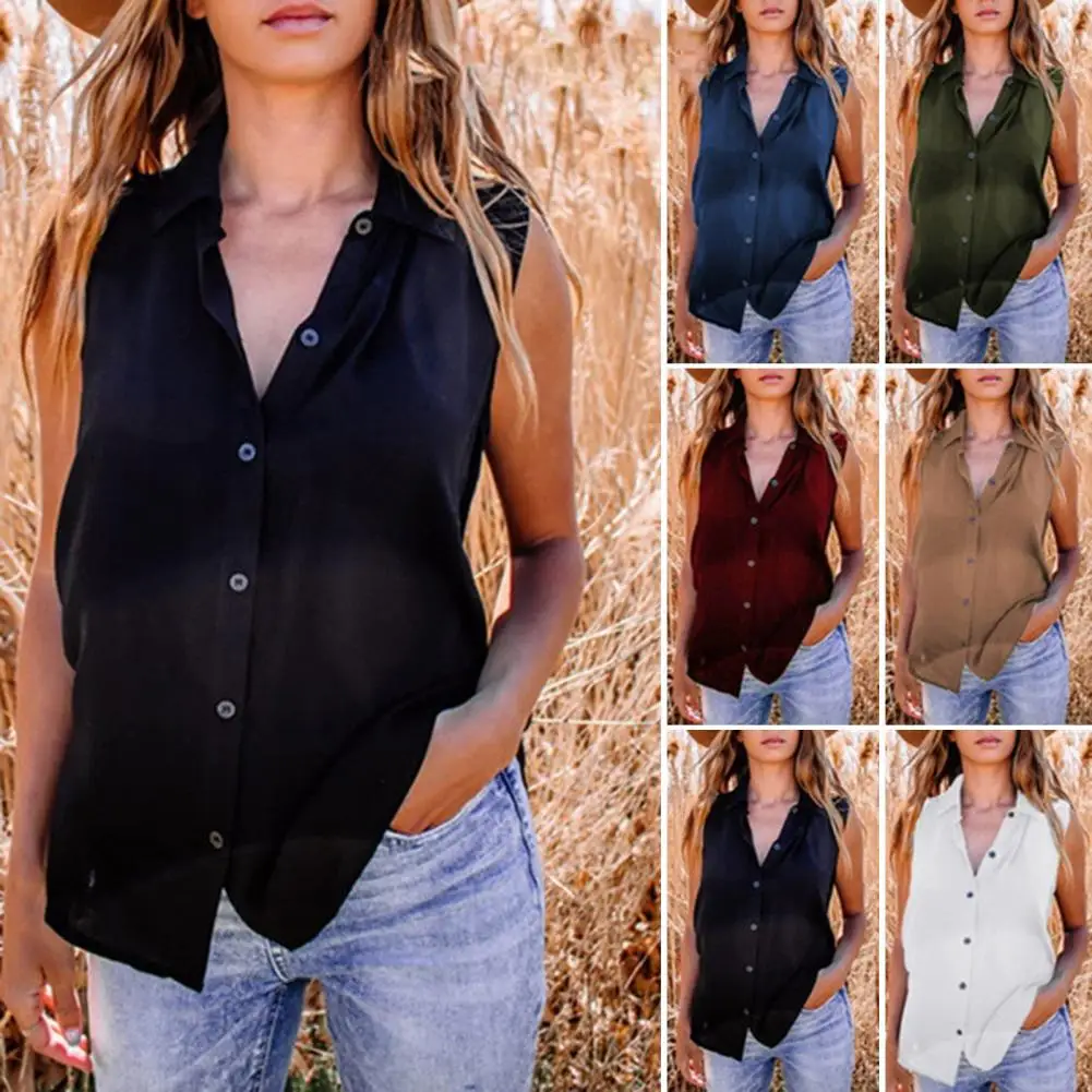 Lapel Sleeveless Single Breasted Women Shirt Solid Color Simple Loose Shirt Female Clothing
Lapel Sleeveless Single Breasted Women Shirt Solid Color Simple Loose Shirt Female Clothing