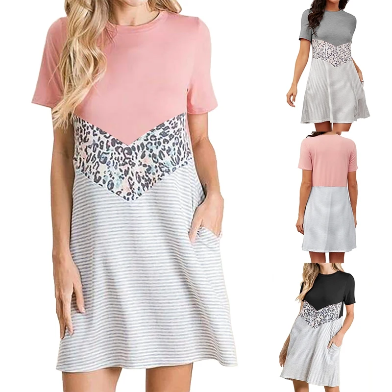 Summer Womens Dress Short Sleeve Leopard Print Dress Women Casual Loose Round Neck Pocket Splicing Dresses
Summer Womens Dress Short Sleeve Leopard Print Dress Women Casual Loose Round Neck Pocket Splicing Dresses