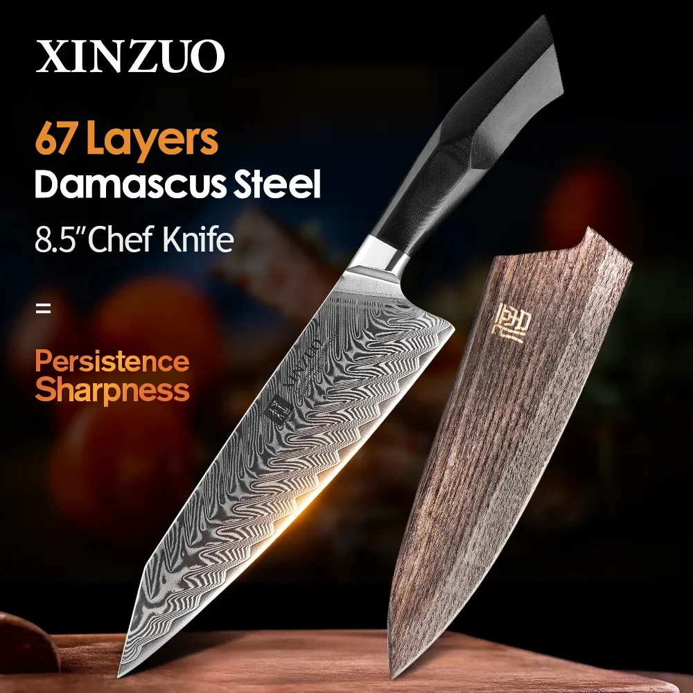 

Новинка 2023, кухонные ножи шеф-повара XINZUO 8,5 дюйма из дамасской стали, нож для овощей и мяса с G10 + латунная ручка с мозаичной заклепкой