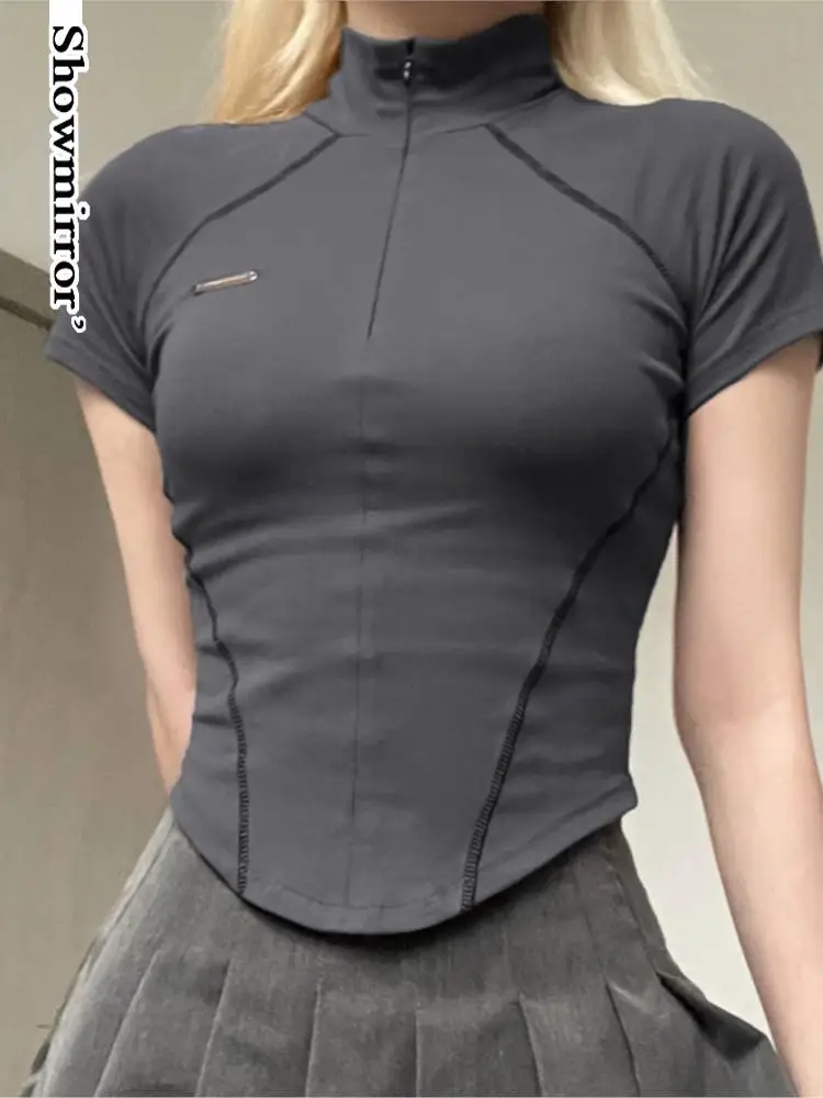 Gray Short Sleeve Sporty Croped Tops Women Invisible Zip Up Turtleneck Skinny Korean Streetwear Tees Irregular Casual T Shirt
Gray Short Sleeve Sporty Croped Tops Women Invisible Zip Up Turtleneck Skinny Korean Streetwear Tees Irregular Casual T Shirt
