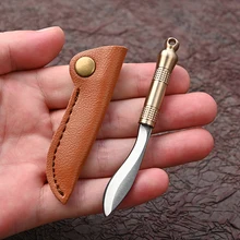 Small Dog Leg Brass Mini Knife With Leather Cover Camping Keychain Knife Outdoor Hiking Survival EDC Tools Slicing Fruit Knives