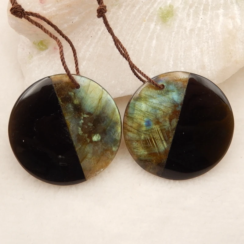

Natural Gemstone Labradorite,Obsidian gemstone beads Intarsia earrings earring Set 30x5mm，12.4g
