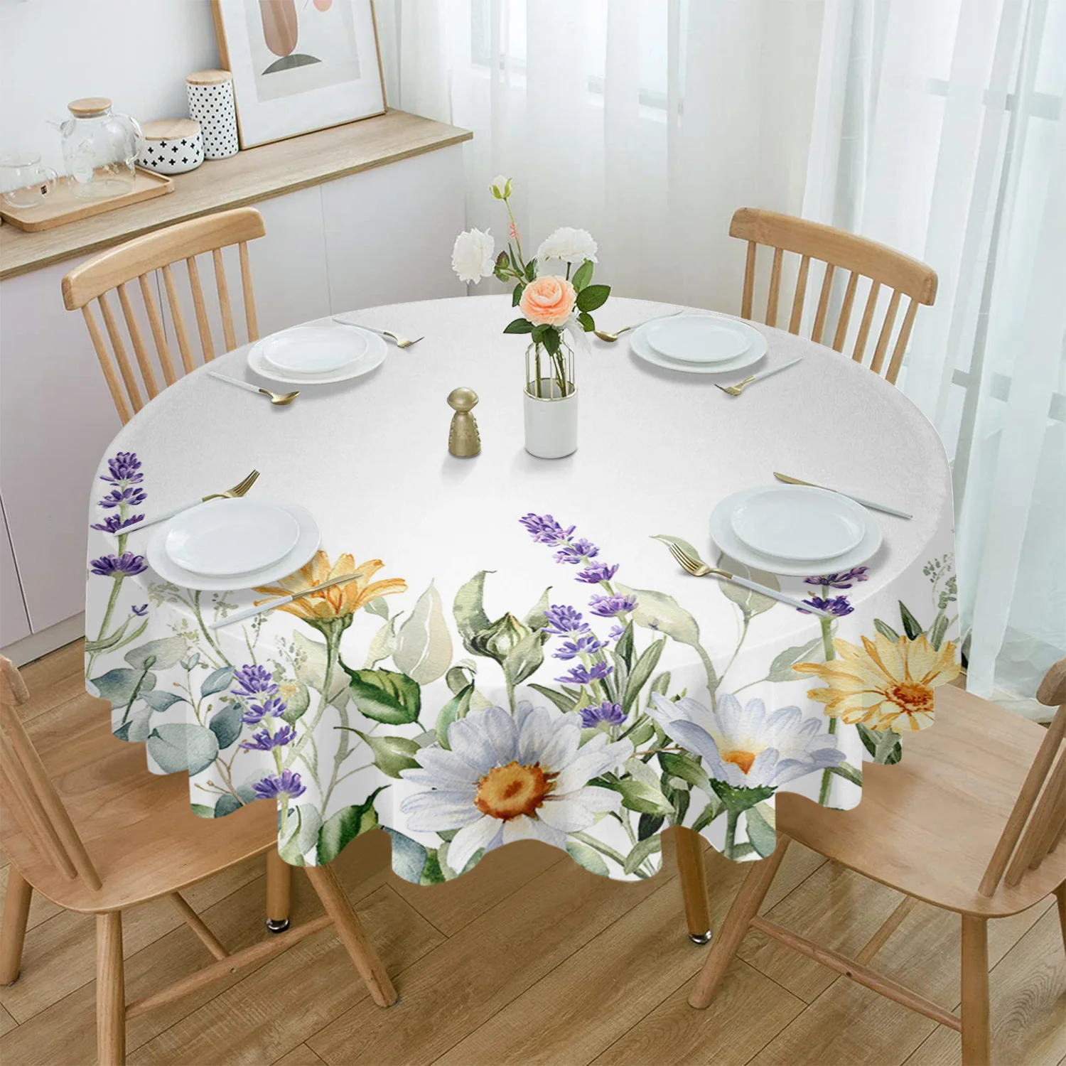 

Spring Daisy Lavender Eucalyptus Round Table Cloth Festival Dining Waterproof Tablecloth Table Cover for Wedding Party Decor