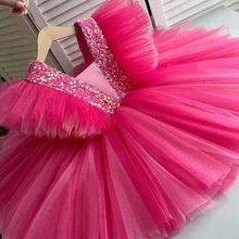 Girls Rose Red Party Princess Dress Kids Sequined Shiny Bithday Ceremony Clothes Children Tulle Ball Gown For Wedding Size 3-8T
