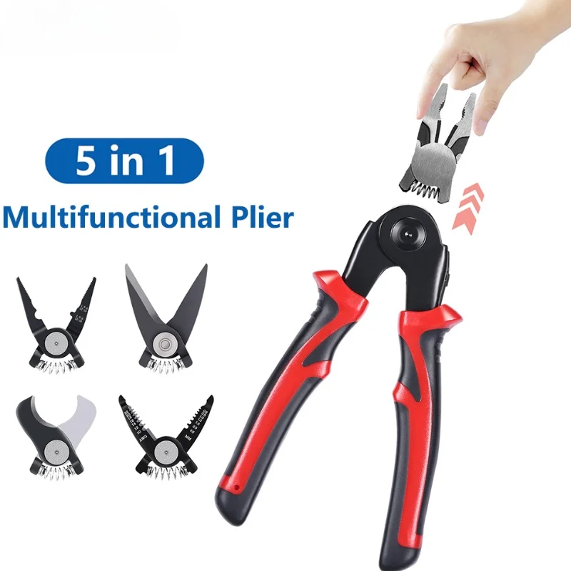 

5 In 1 Combination Interchangeable Pliers Kit, Wire Stripper, Wire Crimper(22-10AWG), Linesman Pliers, Wire Cutter, Tin Snips