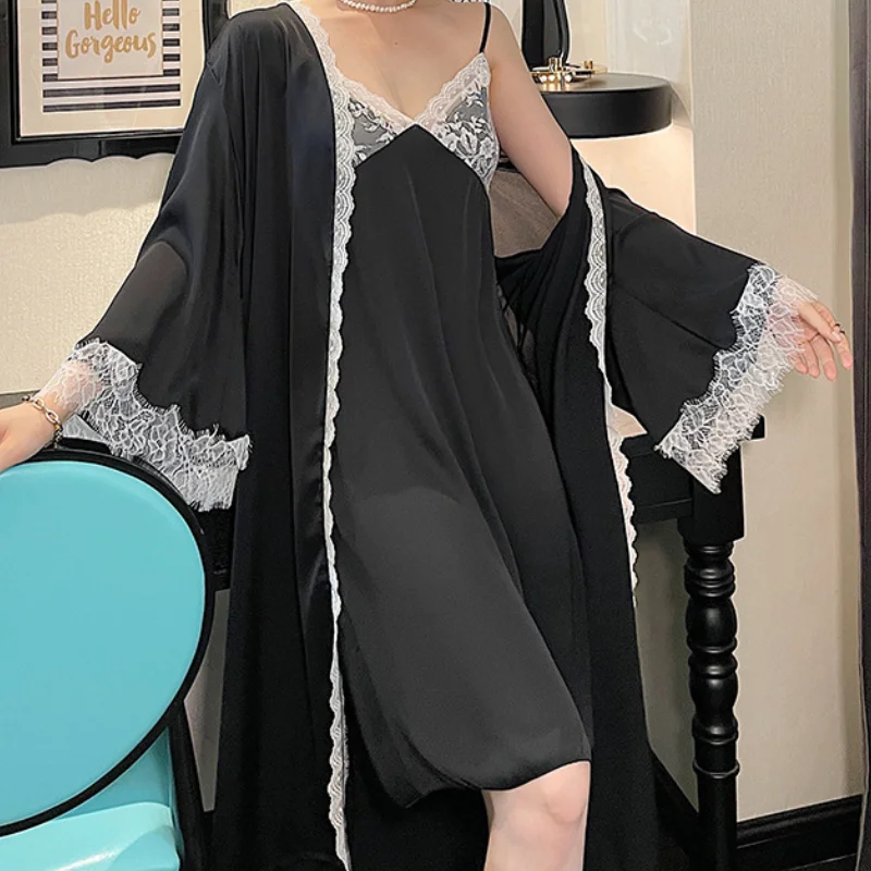 New Female Twinset Robe Set Spaghetti Strap Nightdress Summer Sexy Lace Sleepwear Nightgown Loose Sation Bathrobe Home Wear
New Female Twinset Robe Set Spaghetti Strap Nightdress Summer Sexy Lace Sleepwear Nightgown Loose Sation Bathrobe Home Wear