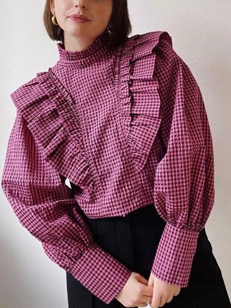 Women Plaid Blouse Ruffles Trim Elegant 2022 Spring Summer New Ladies Stand Collar Long-Sleeve Shirt and Tops With Zipper
Women Plaid Blouse Ruffles Trim Elegant 2022 Spring Summer New Ladies Stand Collar Long-Sleeve Shirt and Tops With Zipper