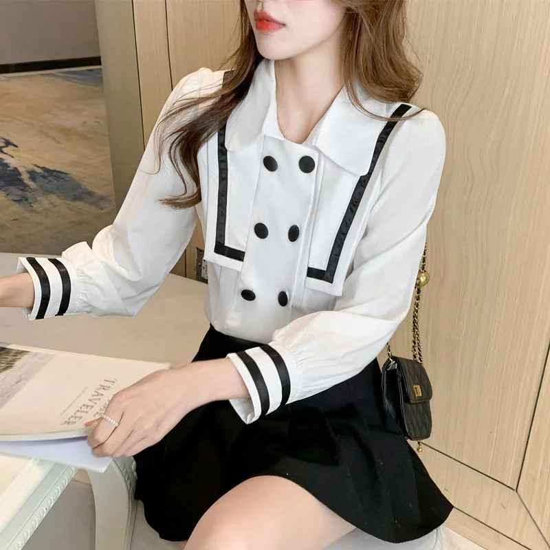Chic Double-breasted Shirts Women Fashion Elegant Blousas Loose Chiffon White Tops Korean Elegant Blusas De Mujer 99082
Chic Double-breasted Shirts Women Fashion Elegant Blousas Loose Chiffon White Tops Korean Elegant Blusas De Mujer 99082