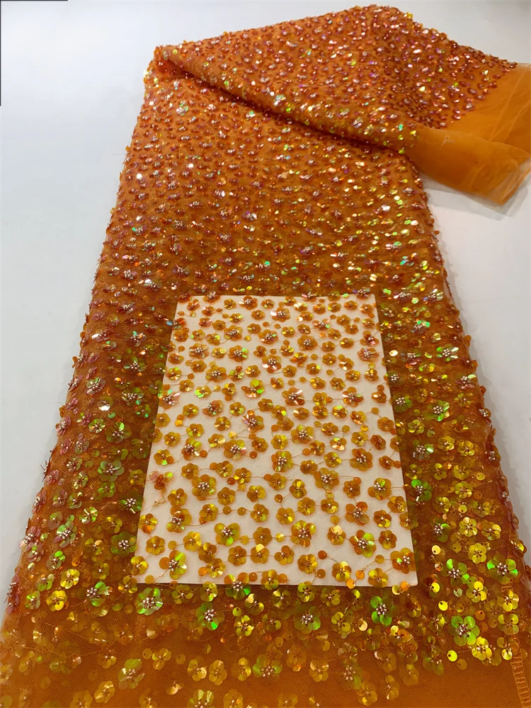 Orange Luxury Bead Embroidered Net Lace Fabric With Sequins African Lace Fabric 2023 High Quality for Wedding Sewing 
Orange Luxury Bead Embroidered Net Lace Fabric With Sequins African Lace Fabric 2023 High Quality for Wedding Sewing