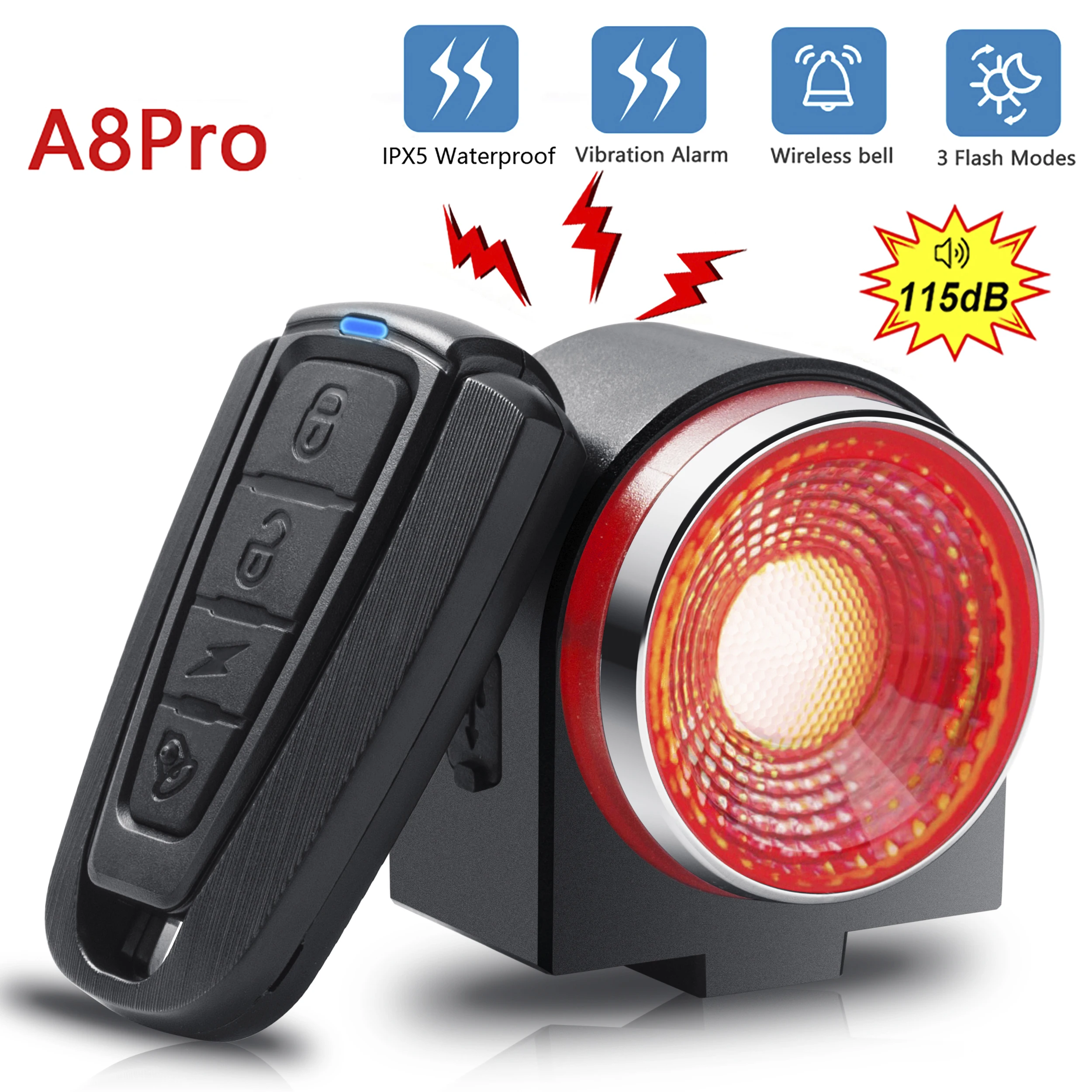 Bicycle Rear Lamp Braking Light Burglary Alarm Remote Call Wireless Control USB Charge LED Lantern Bike Finder Horn A8Pro
Bicycle Rear Lamp Braking Light Burglary Alarm Remote Call Wireless Control USB Charge LED Lantern Bike Finder Horn A8Pro