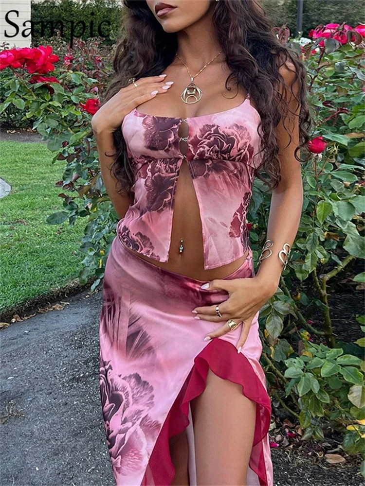 Sampic Sexy Women Outfits Pink Floral Print High Waist Skirt Set 2022 Summer Y2K Tops Vest And Midi Skirt Two Piece Dress Set
Sampic Sexy Women Outfits Pink Floral Print High Waist Skirt Set 2022 Summer Y2K Tops Vest And Midi Skirt Two Piece Dress Set