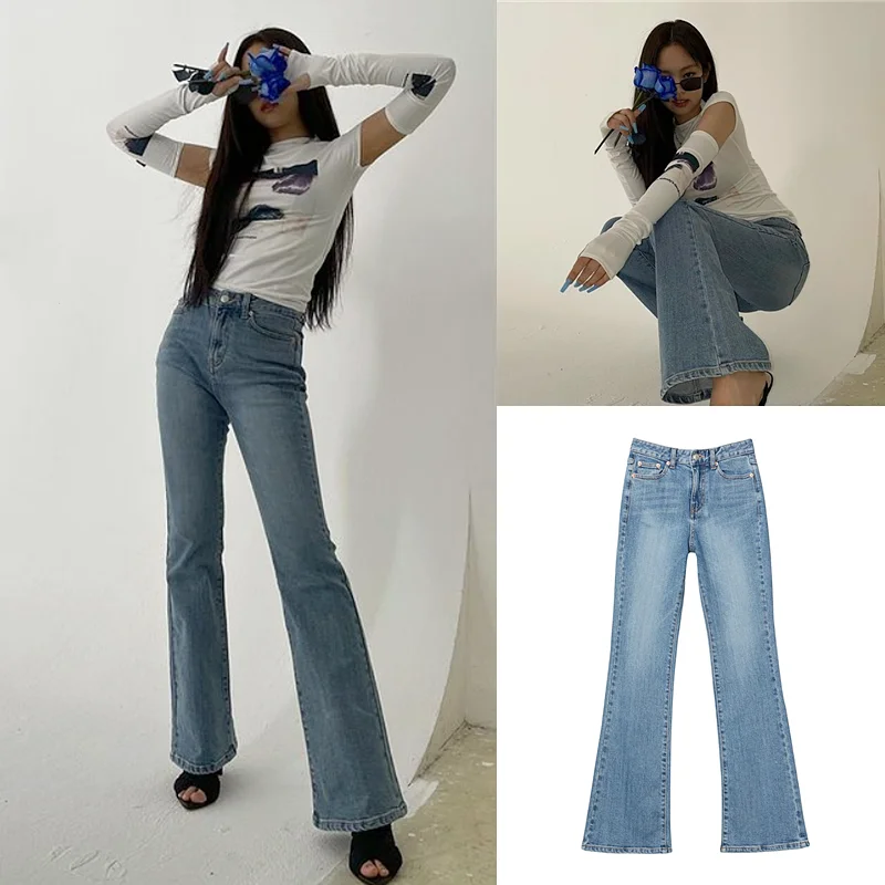 

Kpop Girl Group Jennie 2023 New Spring Summer High Waisted Flare Jeans Women Korean Fashion Slim Casual Straight Denim Trousers