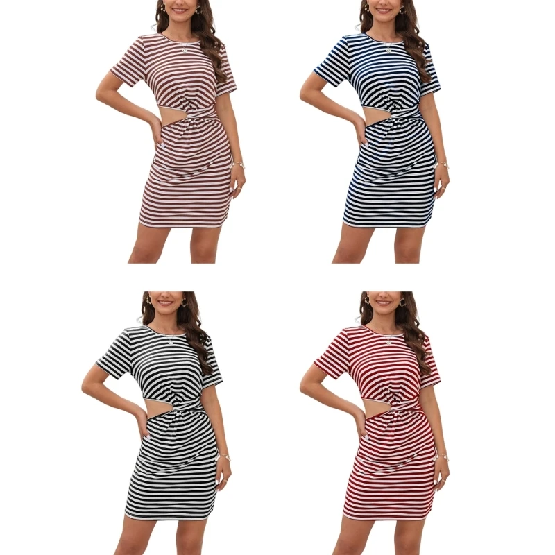 F42F Women Short Sleeve O-Neck Ruched Twist Front Bodycon Mini Dress Striped Side Cut Out Package Hip Dresses Party Clubwear
F42F Women Short Sleeve O-Neck Ruched Twist Front Bodycon Mini Dress Striped Side Cut Out Package Hip Dresses Party Clubwear